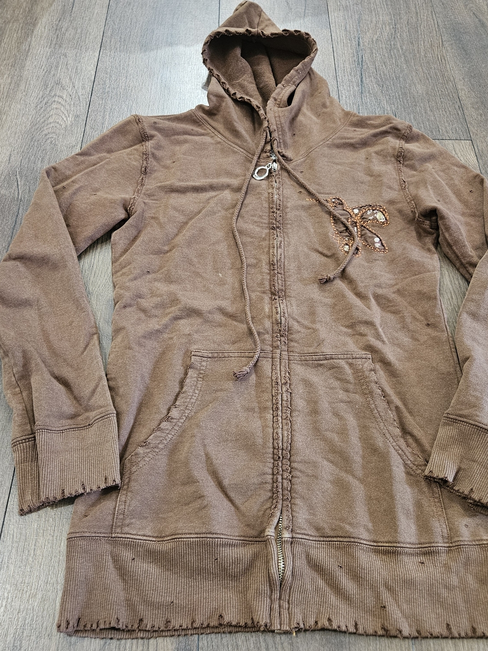 Project E Brown Distressed Long Sleeve Zip Up Hoodie Humming Bird Embroidery